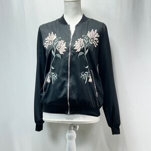 Honey Bella Black Embroidered Floral Bomber Jacket Womens Size S